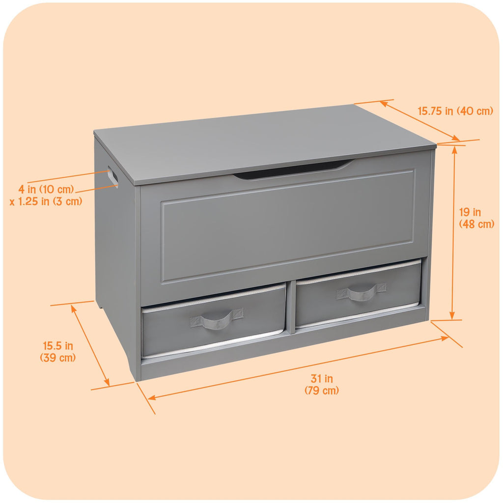 Badger Basket Toy Box and Storage Bench - Chest and Seat Combo with 2 Reversible Baskets, Safety Hinge Lid - Kids Toy Organizer for Playroom or Bedroom - Gray