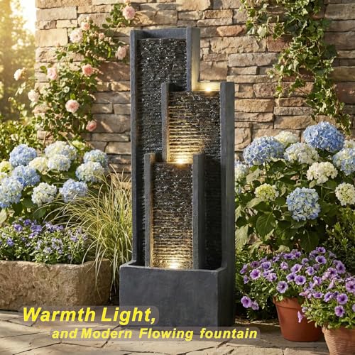 40-Inch Modern Outdoor Water Fountain with LED Lights for Garden & Patio