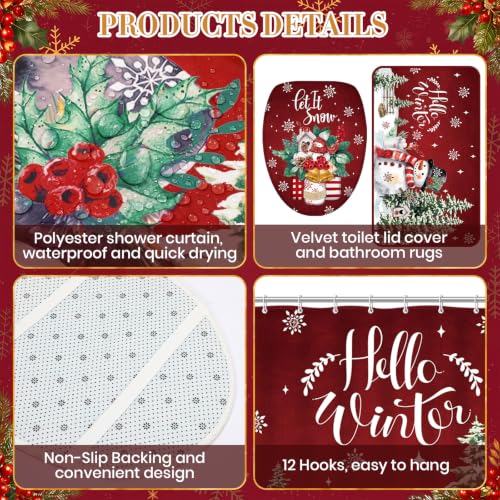 Tranqun Christmas Shower Curtain Set with Towels, Mat, Toilet Lid Cover & Hooks – Winter Holiday Bathroom Decor