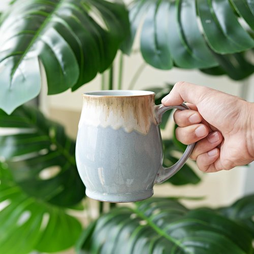 Bosmarlin Extra Large Ceramic Coffee Mug, 24 Oz, Dishwasher and Microwave Safe, Big Oversized Tea Cup, Reactive Glaze (Light Grey bLue)