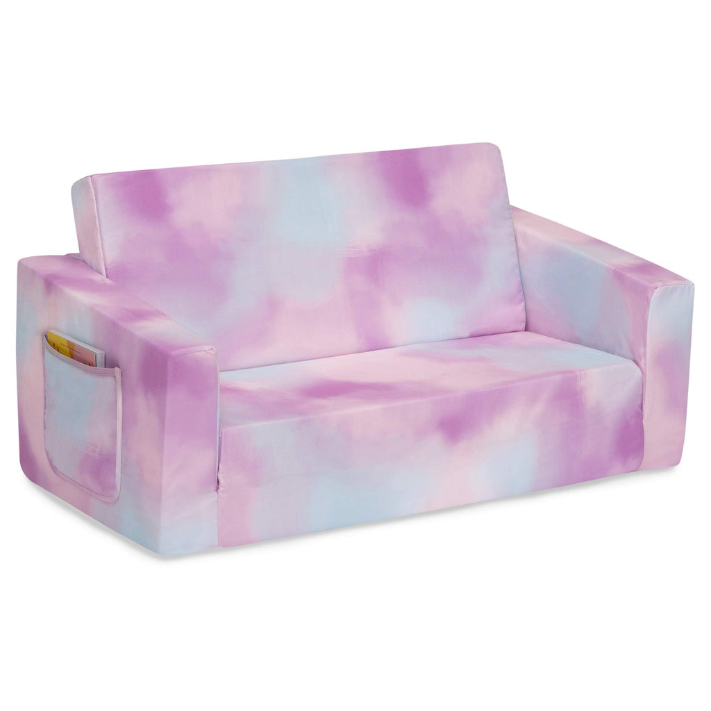 Delta Children Cozee 2-in-1 Extra Wide Convertible Sofa to Lounger-Comfy Flip Open Couch/Sleeper for Kids, Pink Tie Dye