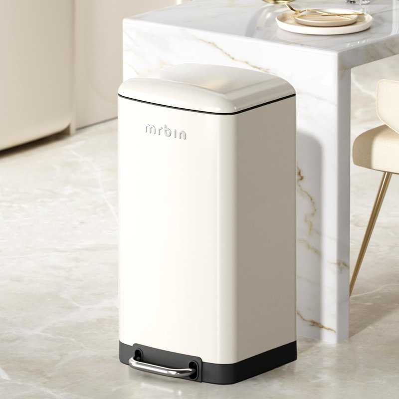 MRBIN Small Bathroom Trash Can with Lid, Metal Step Waste Basket Touchless Soft Close, 6L / 1.6gal Rectangle Garbage Bucket with Stainless Steel Pedal for Kitchen, Office, Bedroom Accessories, White