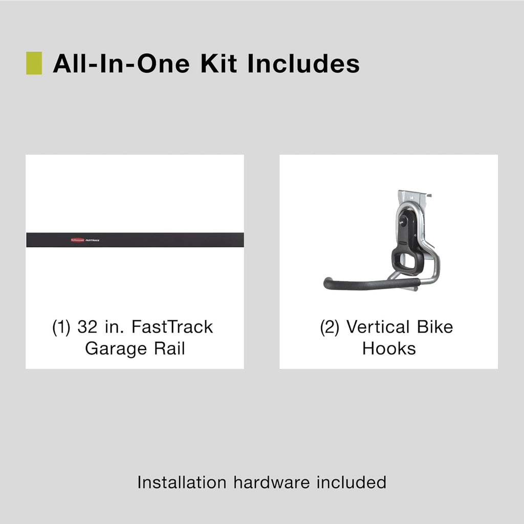 Rubbermaid FastTrack Bike Storage Kit - Heavy-Duty 3-Piece Rail Hook Organizer for Garage & Home