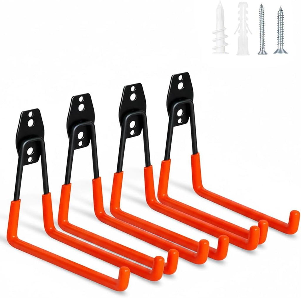 WMK Heavy Duty Garage Hooks - 4 Pack Wall Mount Utility Hooks for Tools, Bikes & Ladders (Orange)
