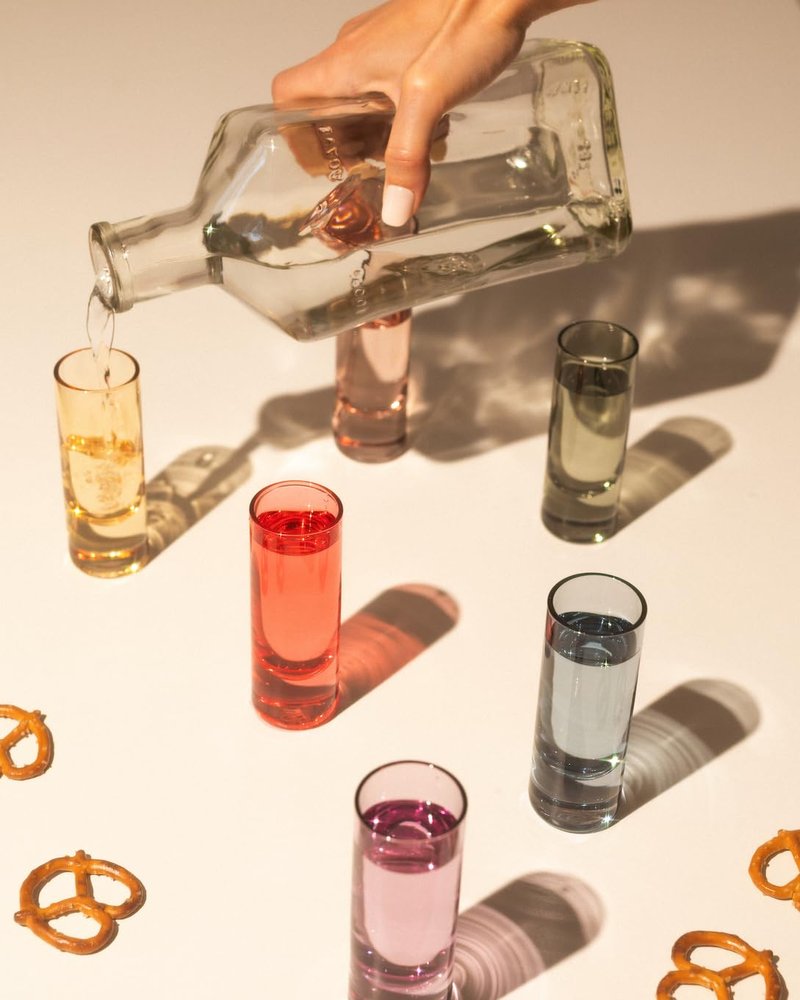 Saludi Colored Shot Glasses, 2oz (Set of 6) Multi-Color Glass with Wood Paddle - Luxury, Durable, Hand-Blown, Cute, Cool, Pink, Christmas, Rainbow, Unique, Tequila