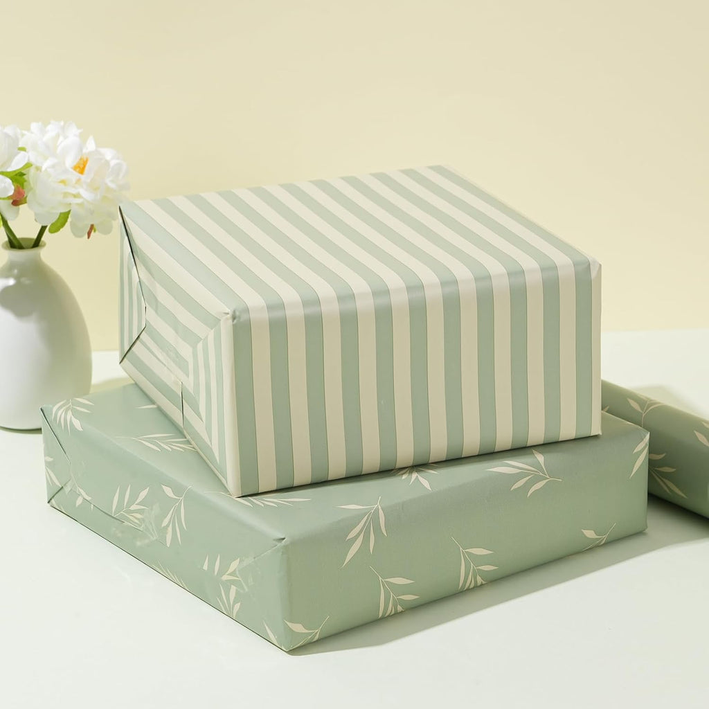 ZINTBIAL Reversible Gift Wrapping Paper Roll - Light Green & Beige Leaves Design | 17.5" x 33' (48 sq. ft.)