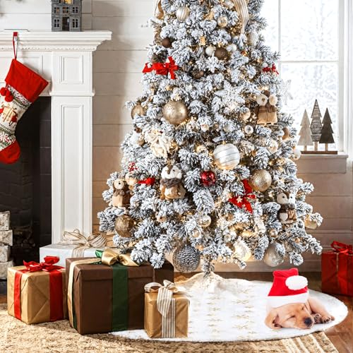 36-Inch Plush Faux Fur Christmas Tree Skirt with Sequin Snowflakes