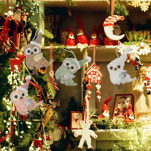 Berfutall 4-Pack Christmas Owl Ornaments - Pastel Plush Holiday Decor with Gold Star Topper