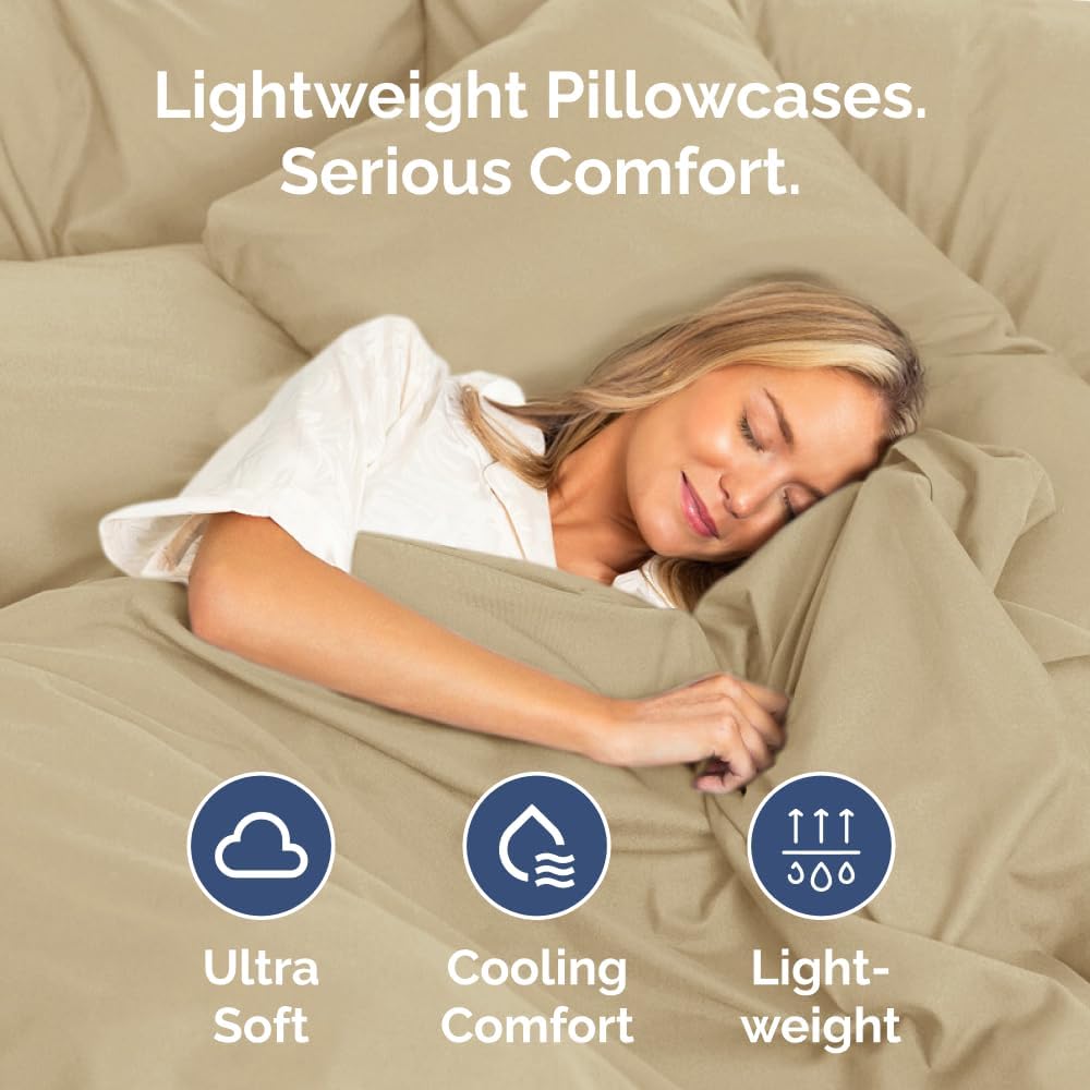 Skiennix Queen Pillow Cases Set of 2 - Ultra Soft Hotel Quality - Wrinkle Free & Stain Resistant - Beige
