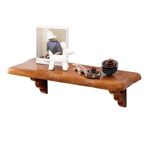 JOLLYMER 36" Live Edge Teak Wood Floating Shelf with Wood Bracket for Wall Decor – Rustic Wall Shelf for Living Room, Bedroom, Bathroom, Kitchen