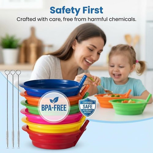 Cereal Bowls with Straws for Kids - (Set of 6 - 20-Ounce Bowls) BPA-Free Plastic Reusable Built-In Straw Bowl for Kids, Children & Toddlers, Dishwasher and Microwave Safe, Includes 3 Cleaning Brushes