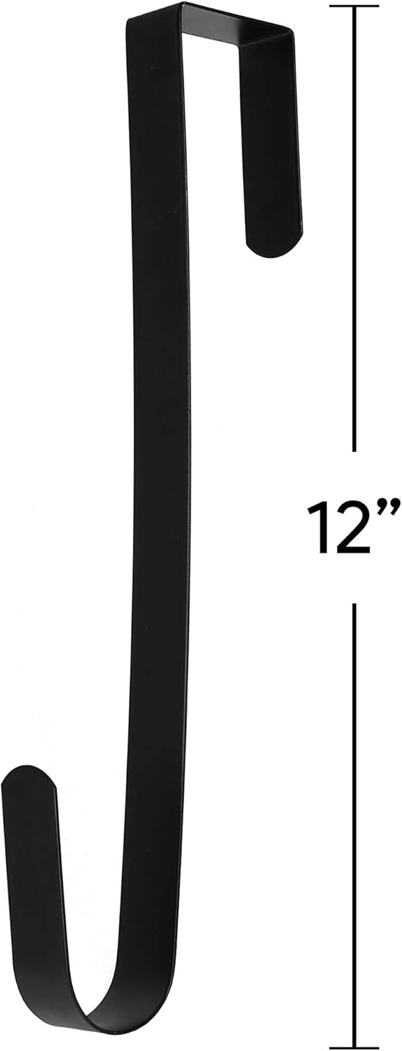 RN'D Over Door Wreath Hanger Hook - Slim Metal Holder for Seasonal Wreaths | Black, 12-Inch