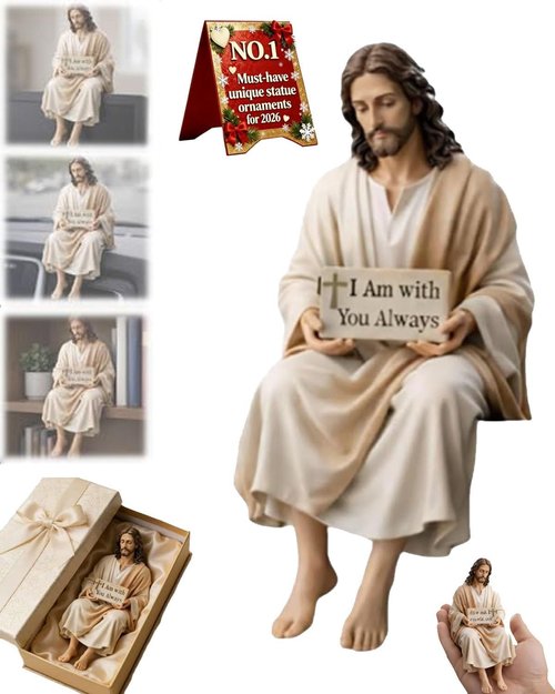 Little Jesus | Mini Handmade Sitting Jesus Figurine - Inspirational "I Am With You Always" Sign, Small Resin Decor for Office or Car Dashboard