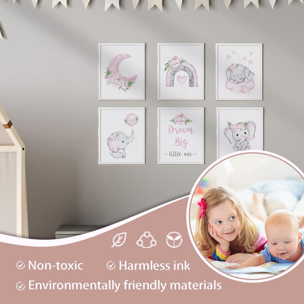 Canssape Pink Elephant Nursery Wall Decor Set of 6 Baby Girl Room Decor Elephant Wall Art Goodnight On Moon |Dream Big Little One Decoration for Kids Nursery Girls Room|(8"x10")(Unframed)