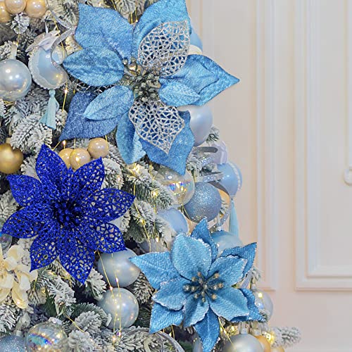 Blue Christmas Poinsettia Flowers & Ribbon Set - Holiday Decor, 24 pcs