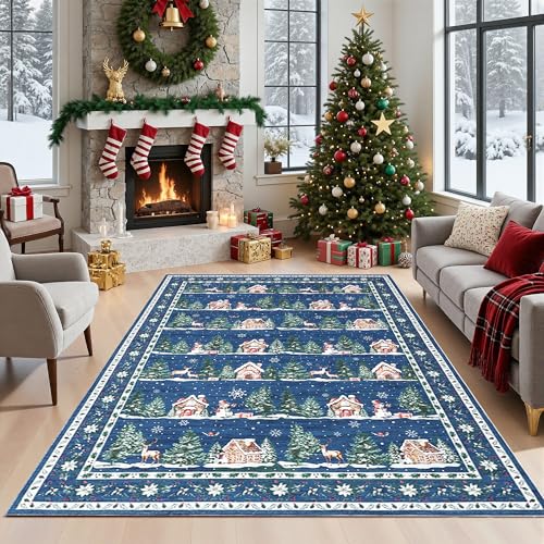 GarveeHome Blue 5' x 7' Christmas Area Rug - Machine Washable, Non-Slip Backing