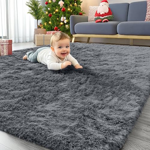 OLANLY Soft Fluffy Shaggy Area Rug 4x5.9 ft Machine Washable Grey