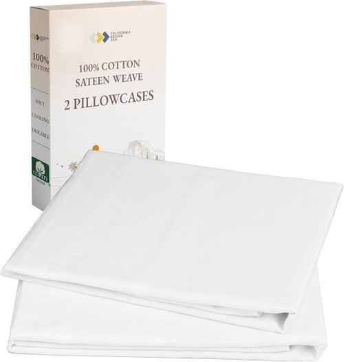 California Design Den Pillowcases - 100% Cotton Soft Sateen Weave, Set of 2 | Bright White, Queen Size