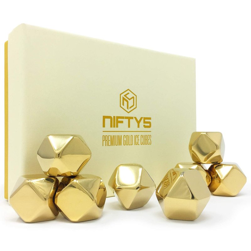 Whiskey Stones Gold Edition Gift Set of 8 Stainless Steel Diamond Shaped Metal Ice Cubes, Reusable Chilling Rocks Including Silicone Tip Tongs and Storage Tray