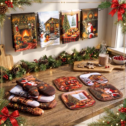 Christmas Fireplace Oven Mitts & Kitchen Towel Set - Santa Reindeer Wreath