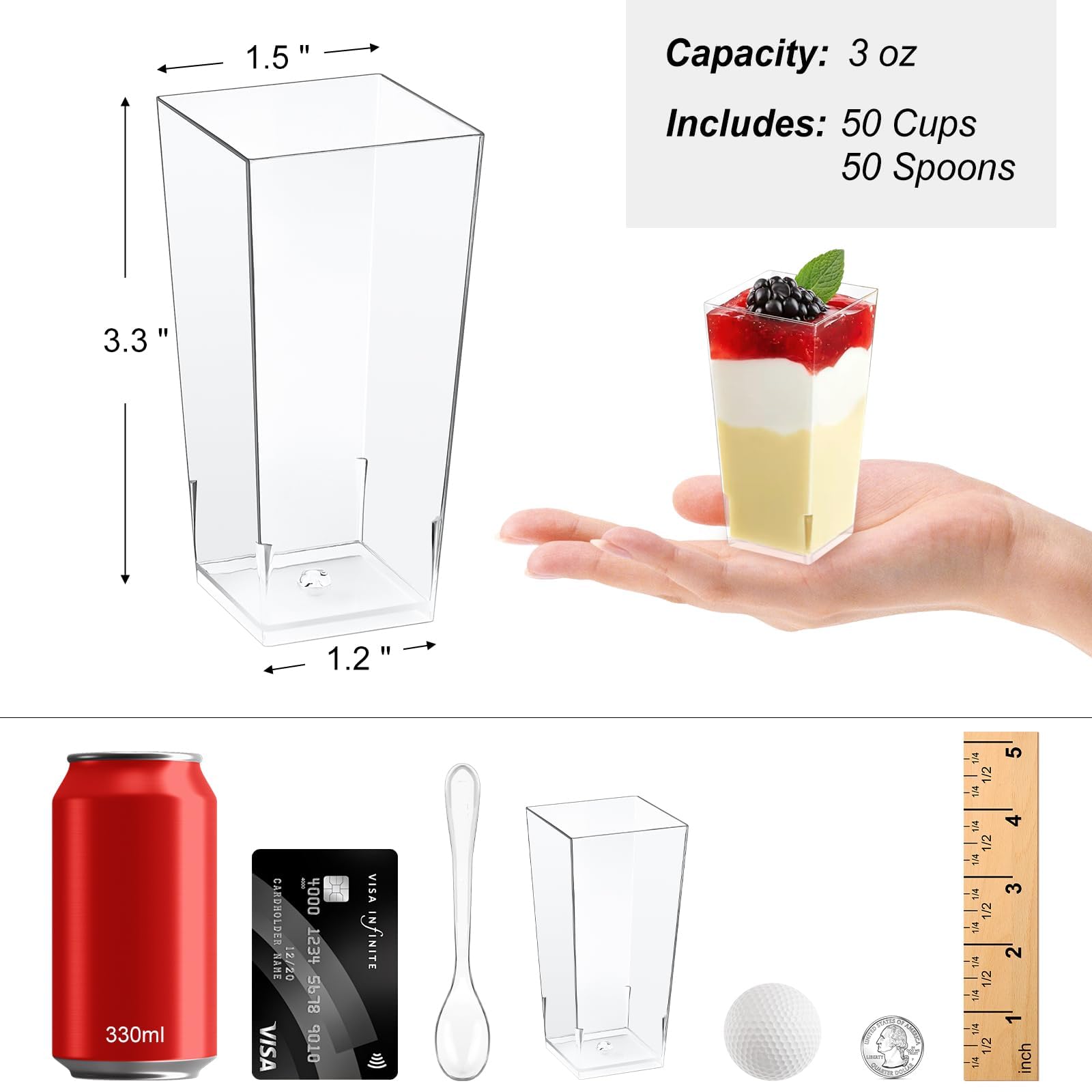 Zezzxu 3 oz Square Mini Dessert Cups with Spoons - 50 Pack Plastic Pudding & Parfait Cups Party Dessert Shooters for Serving Trifle Mousse Cake Appetizers