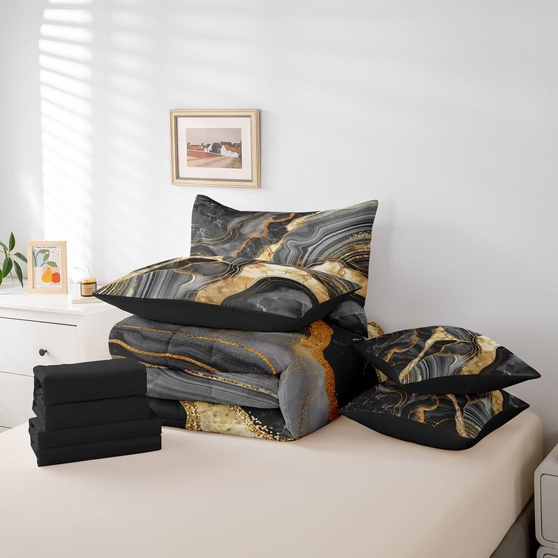 Erosebridal Black Marble 7 Pcs Comforter Set King, Gold Crack Bedding for Adults Men Women, Abstract Metallic Texture Sheet Set Bed in A Bag, Boho Hippie Fluid Reversible Black Duvet Insert