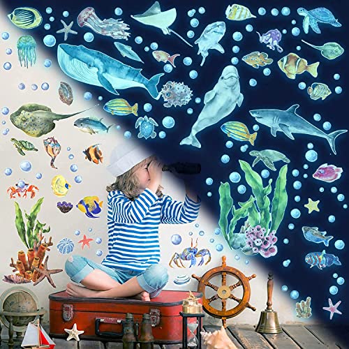 Glow in the Dark Ocean Wall Decals – Watercolor Sea Life Stickers for Kids