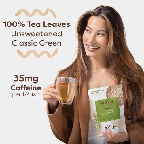 Waka Instant Green Tea Mix, Classic - 100% Tea Leaves, No Additives, Unsweetened Tea Powder for 50 Quarts or 200 Cups – Easy Quick Hot and Iced Teas (4.5oz)