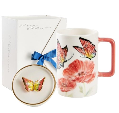 CHEONGWANG Korea Hand Painted Ceramic Butterfly Mug with Lid Gold 24K Mom Women Wedding Gift 14oz
