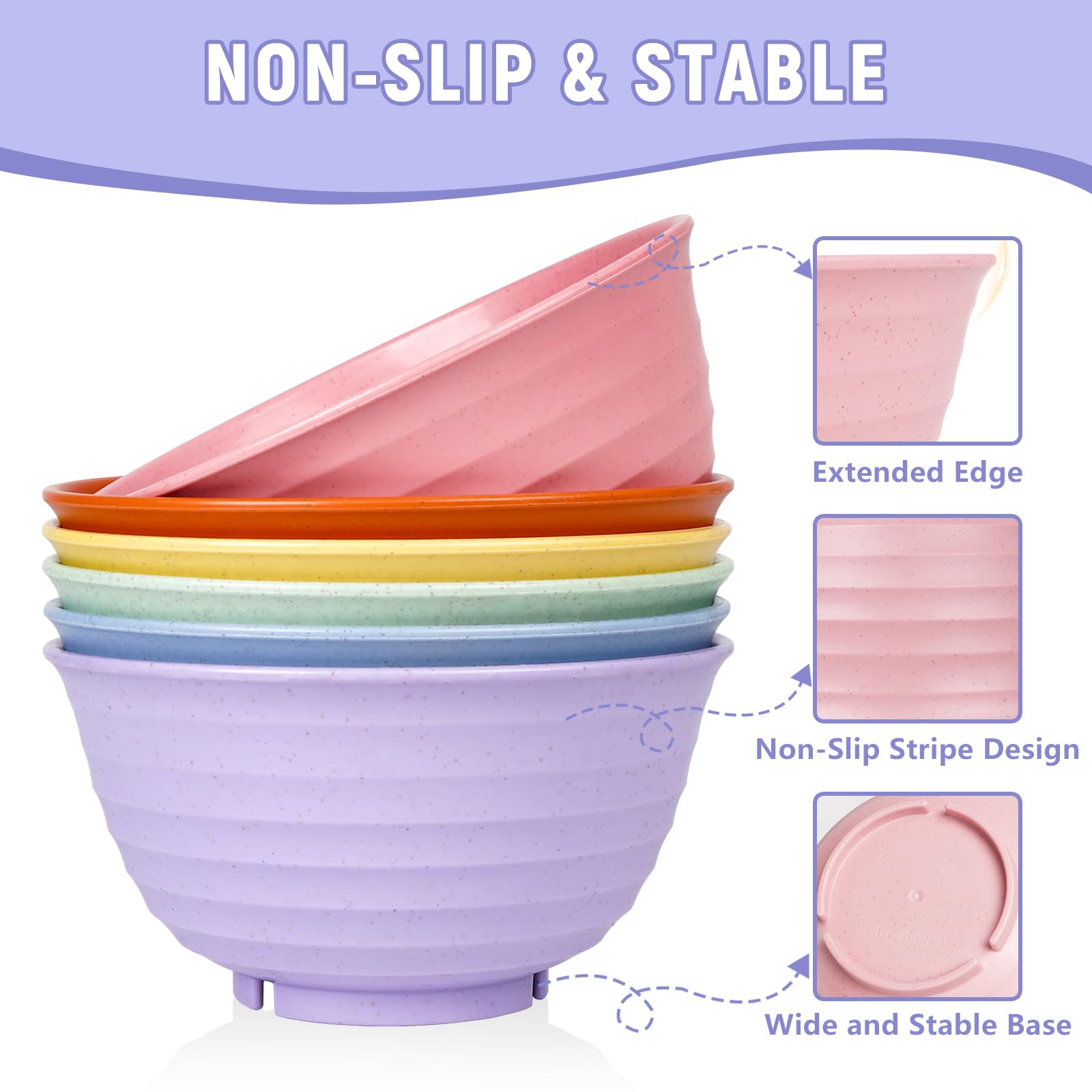 ZENGABIA Cereal Bowls, 34 Oz Large Wheat Straw Dinnerware Sets of 6 with Spoon, Unbreakable Plastic Soup Bowls Reusable Microwave Dishwasher Safe for Salad Noodle Kitchen Breakfast, Multicolor