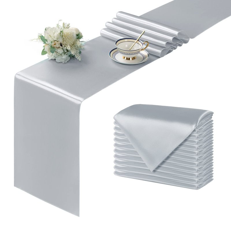 Manyshofu 12Pcs Satin Silver Table Runner - 12 x 108 Inch Long Size, Party Table Runner Decor Bright & Smooth Wedding Decorations Runners for Banquet Chef Birthday Buffet Dinner Graduations