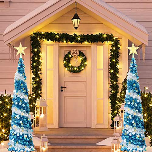 Vinelftage Blue Pop-Up Artificial Christmas Tree 5ft with 100 LED Lights & Star Topper