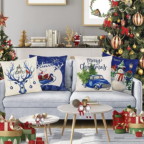Blue Christmas Throw Pillow Covers Set of 4 20x20 Inches Holiday Cushion Decor