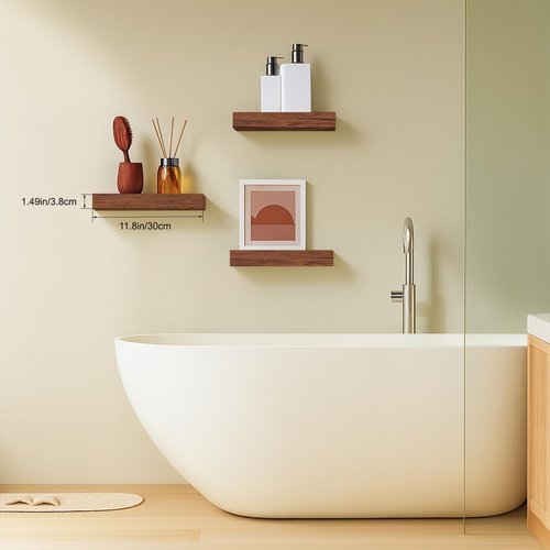 Modern Wooden Floating Shelves by [Brand Name] - Stylish Wall-Mounted Bathroom & Book Shelf | Set of 3 (Walnut-Like, 12x7x1.5 in)
