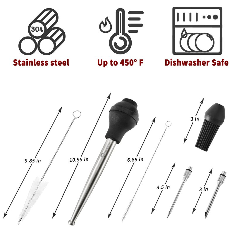 JY COOKMENT Stainless Steel Turkey Baster Baster Syringe for Cooking Meat Injector Set with 2 Marinade Needles 1 Basting Brush1 Cleaning Brush for Home Baking Kitchen Tool,2023 UPDATE