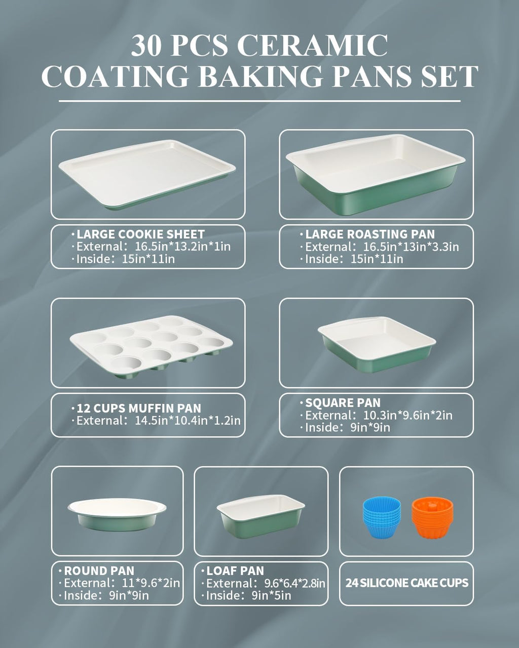 Skiennix Ceramic Nonstick Baking Pans Set - 30 PCS Stackable Bakeware, 550°F Oven Safe, Dishwasher Safe, Green