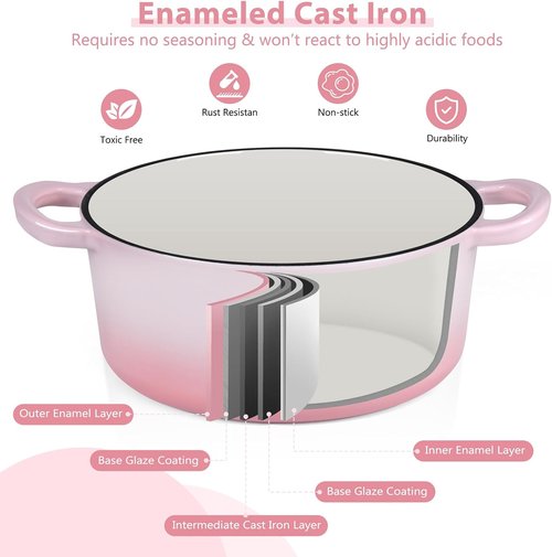 E-far 3 Qt Enameled Cast Iron Dutch Oven - Heavy Duty Nonstick Pot for Baking & Cooking | Pink