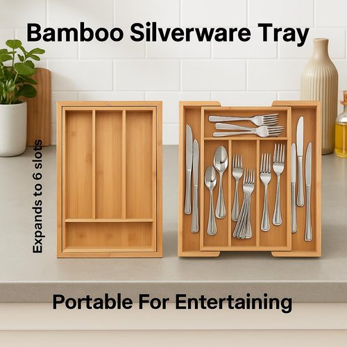 HIC Kitchen Expandable 6-Slot Silverware Cutlery Utensil Storage Tray, Natural Bamboo, Opens to 14-Inches