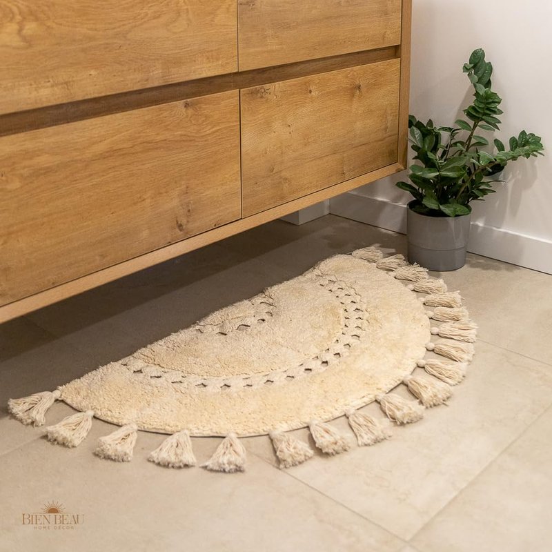 Pack of 2 Unique Boho Rug - Half Circle Rug with Crochet insert Detail & Tassels -100% Cotton Boho Bathroom Rugs -Decorative Non-Slip Bohemian Rug for Bath & Bedroom - Cute Boho Decor – Mustard