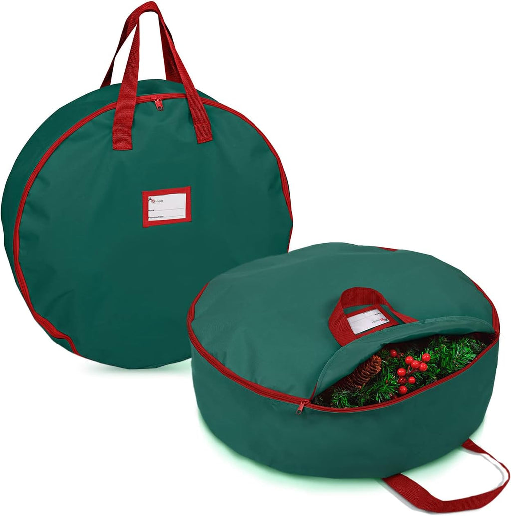 Primode Christmas Wreath Storage Bag - 24" Artificial Wreath Container with Sturdy Handles & Dual Zipper (Green, 2 Pack)