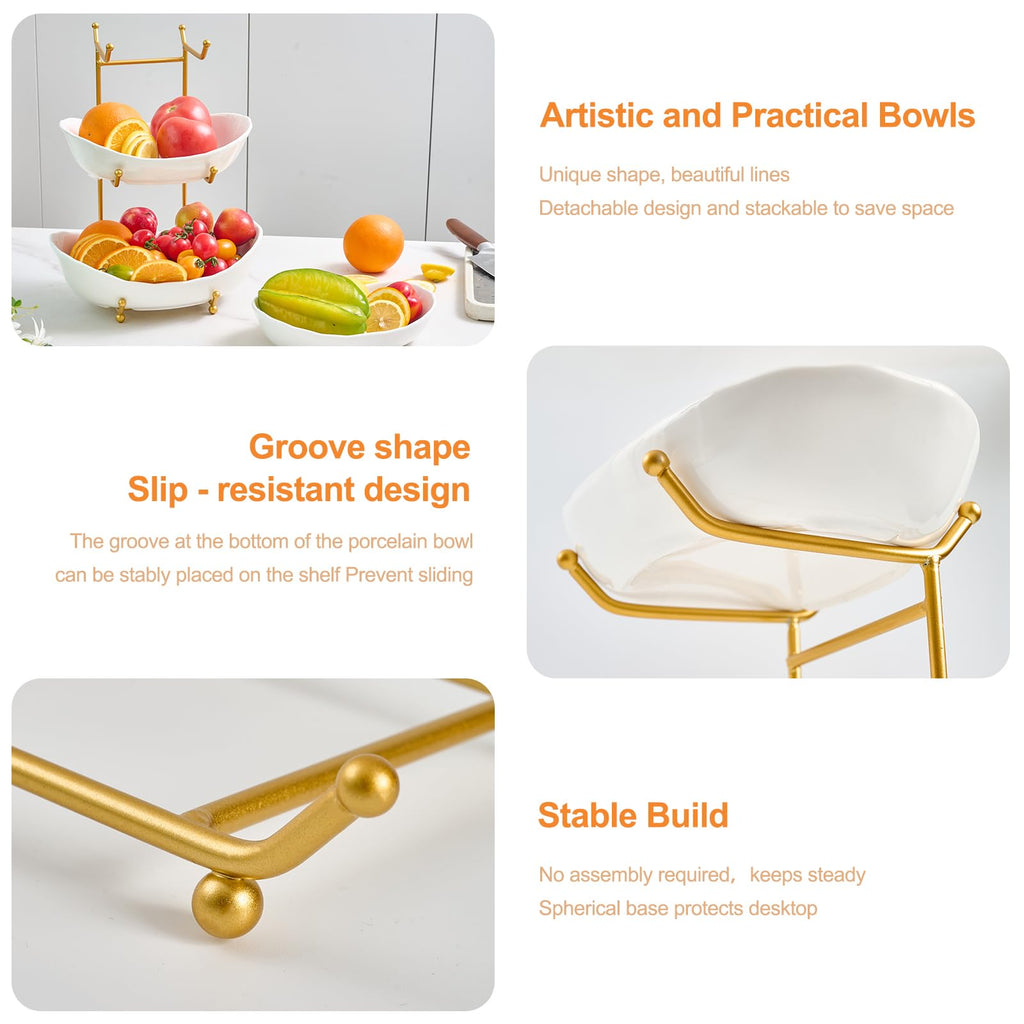 Lifevc Fruit Bowl for Kitchen Counter,3 Tier Fruit Holder with Gold Metal Stand, Tiered Fruit Basket for Fruit Vegetable Storage, Snack, Nuts, Cake, Dessert (White)