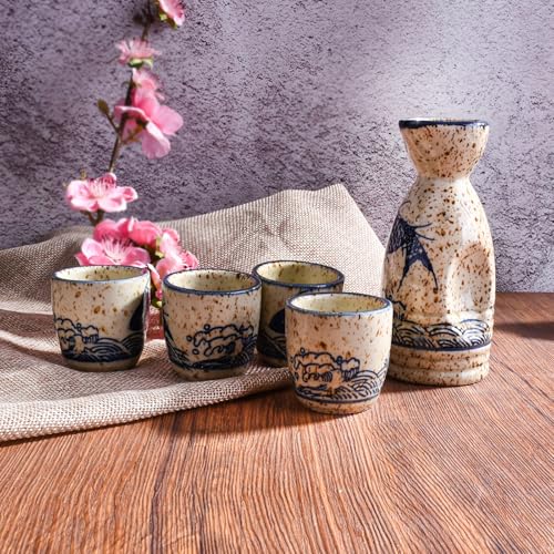 Japanese Ceramic Sake Set of 5 - Traditional Flask & Cups for Hot Cold Serving