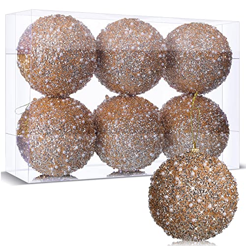 Champagne 6-Piece Christmas Ball Ornaments 4in Glitter Pearls Foam PVC