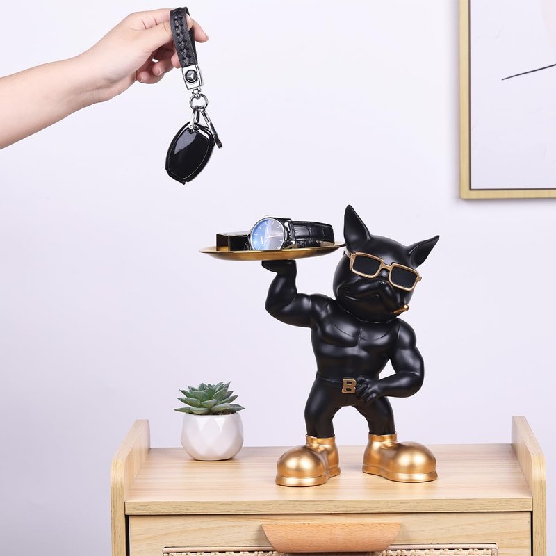 YUNSHID 13in Resin Muscle French Bulldog Statue with 2 Trays, Multi-Functional Bulldog Storage for Key Candy Jewelry, Black Dog Statue for Modern Home Decor