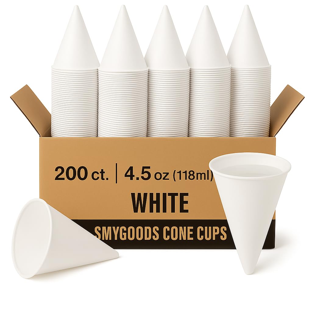 Smygoods Disposable White Paper Cone Cups (Pack of 200-4.5 oz) Eco-Friendly, Leak-Proof, Ideal for Events, Water Coolers, Quick Hydration & Efficient Cleanup