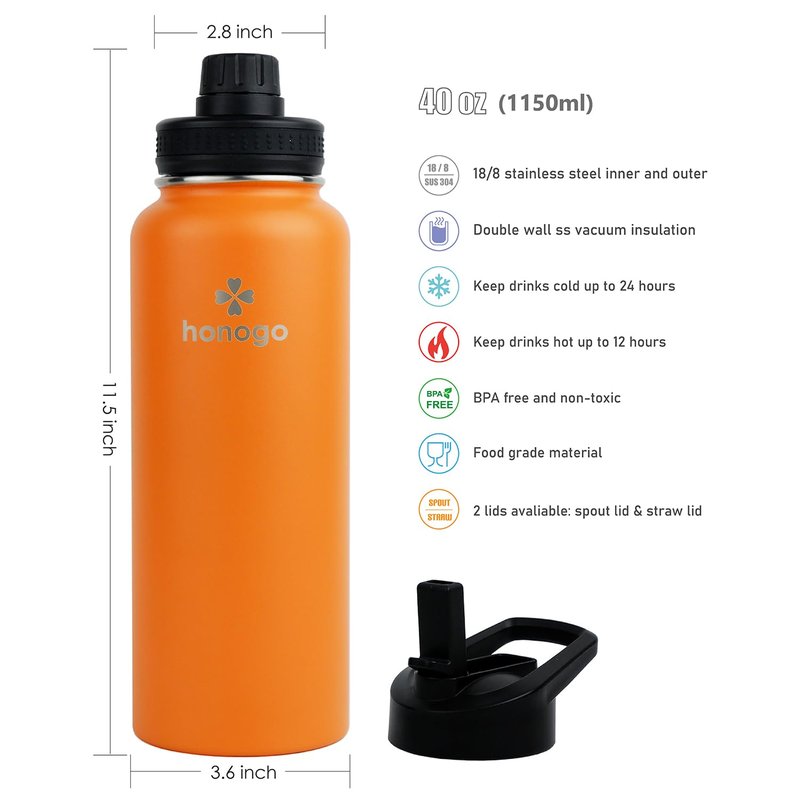 honogo 40 oz Double Wall Insulated Metal Water Bottle for Men, Women & Kids, 18/8 Stainless Steel Wide Mouth Thermal Flask with Straw Lid & Spout Lid, Leak Proof, Keep Hot and Cold (Orange, 40 oz)