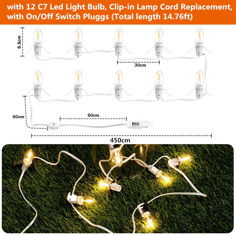 LCMLA 12-LED C7 Plug-in Christmas Village Light Cord with Spare Fuse 14.76 ft Warm White