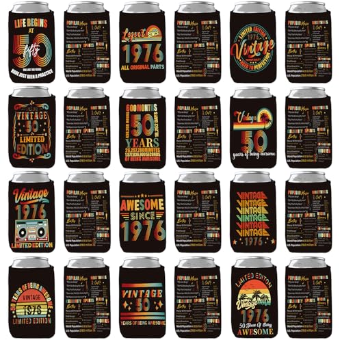 Vintage 1976 Can Cooler Sleeves - 50th Birthday Party Favors (24 Pack)