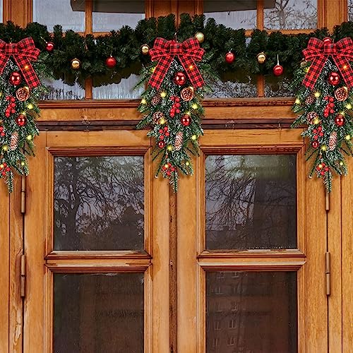 3 Pcs 24-Inch Lighted Christmas Teardrop Swags with Pine Cones & Berries