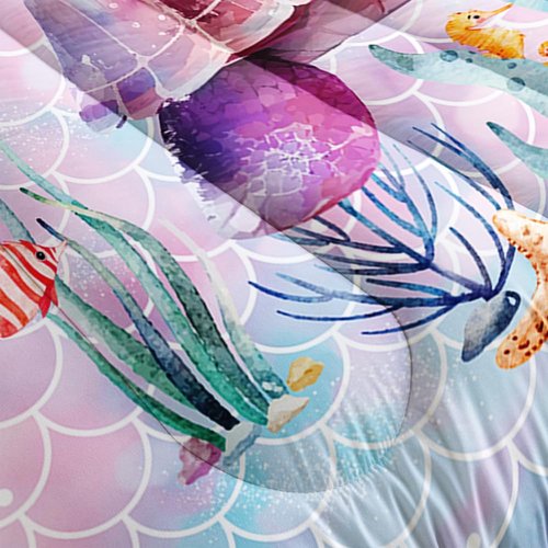 Cute Floral Sea Turtle Comforter Set for Girls Kids Teens, Queen Size Ocean Tortoise with Flower Bedding Quilt with 2 Under Sea Life Pattern Pillowcases- 90" x 90" (Queen, 03)